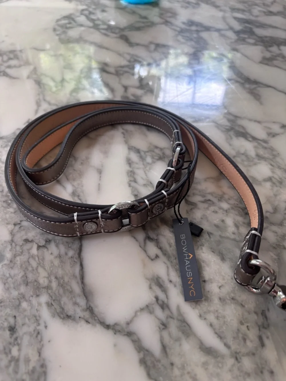 Bowhausnyc- Ant. brass metallic collar/leash set w/alien. M- 13.5